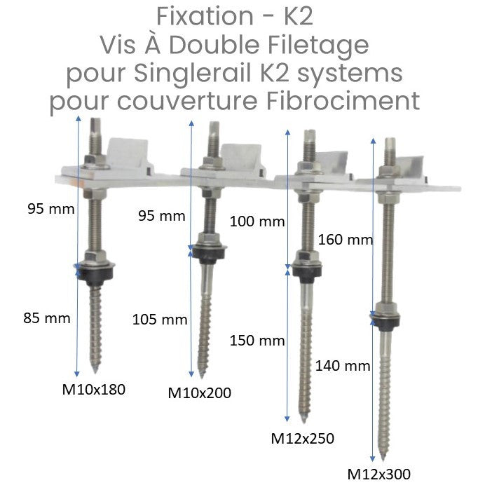 Fixation - K2 - Vis à double filetage K2 Singlerail Kit pour Fibrociment et PST M10x180