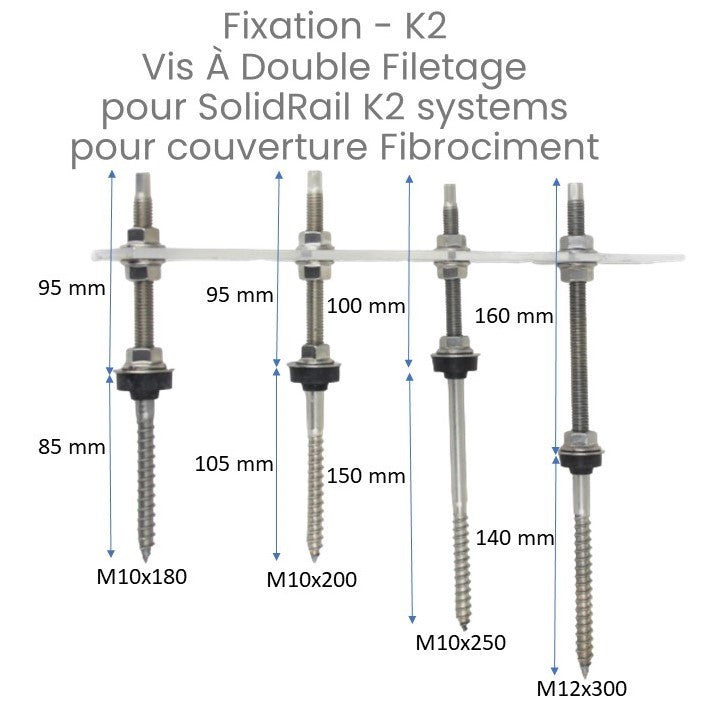 Fixation - K2 - Vis à double filetage SolidRail 180 à 300 mm pour Fibrociment 250 mm